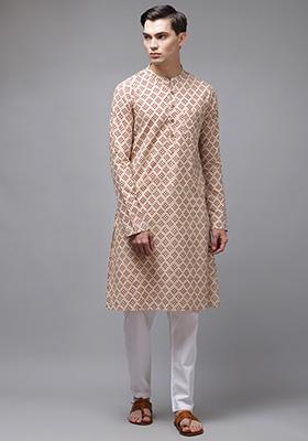 Beige And Maroon Hand Block Print Cotton Kurta Set For Men