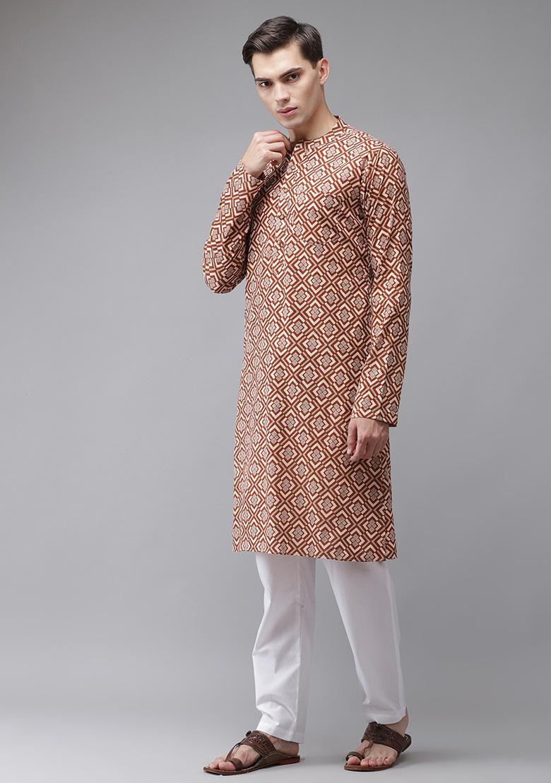 Beige And Gold Printed Cotton Kurta Set For Men - Indya