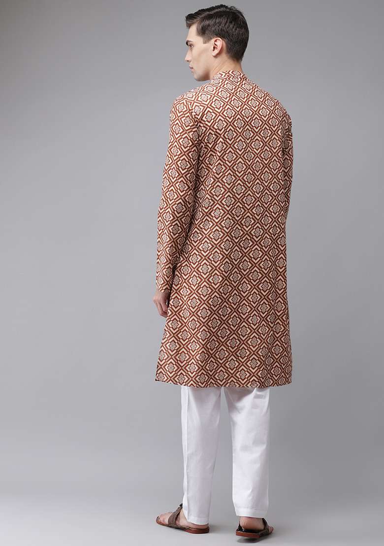 Beige And Gold Printed Cotton Kurta Set For Men - Indya