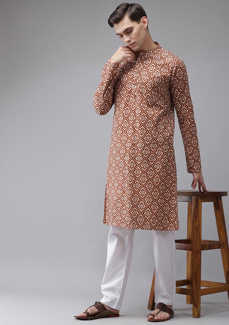 Beige And Gold Printed Cotton Kurta Set For Men - Indya