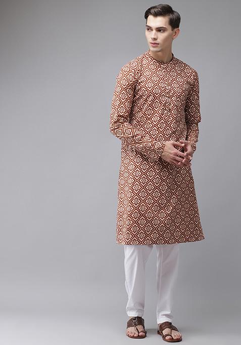 Beige And Gold Printed Cotton Kurta Set For Men — view on Indya