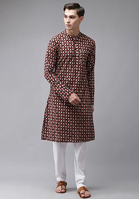 Maroon And Black Hand Block Print Cotton Kurta For Men