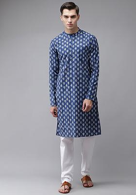 Blue Leaf Print Pure Cotton Kurta Set For Men