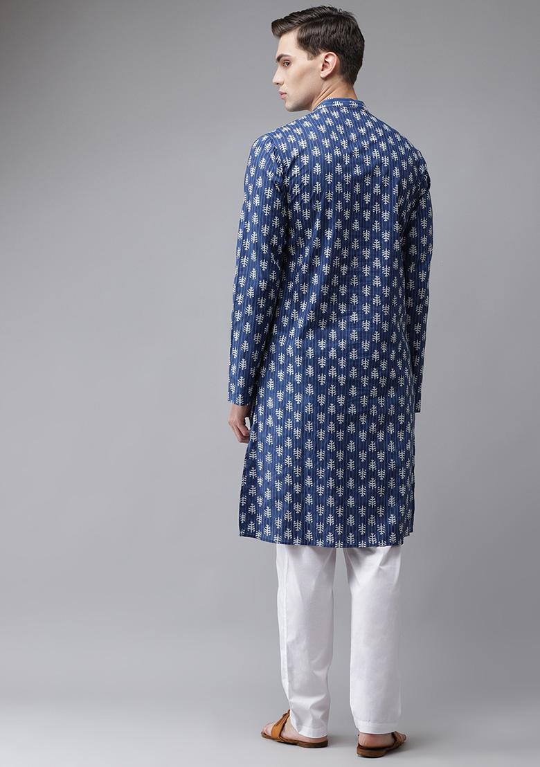 Blue Leaf Print Pure Cotton Kurta Set For Men