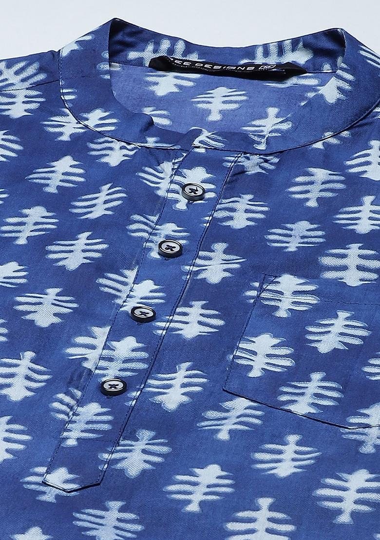 Blue Leaf Print Pure Cotton Kurta Set For Men