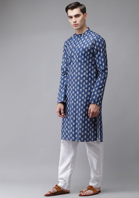 Blue Leaf Print Pure Cotton Kurta Set For Men