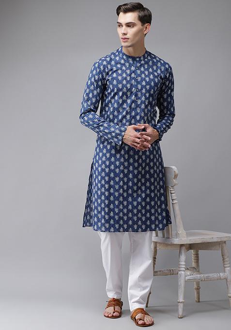 Blue Leaf Print Pure Cotton Kurta Set For Men