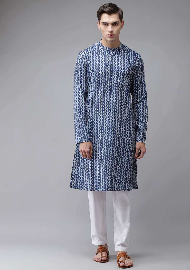Ice Blue Printed Pure Cotton Kurta Set For Men - Indya