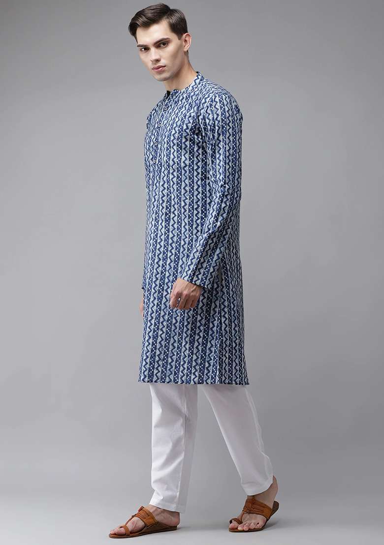 Ice Blue Printed Pure Cotton Kurta Set For Men - Indya