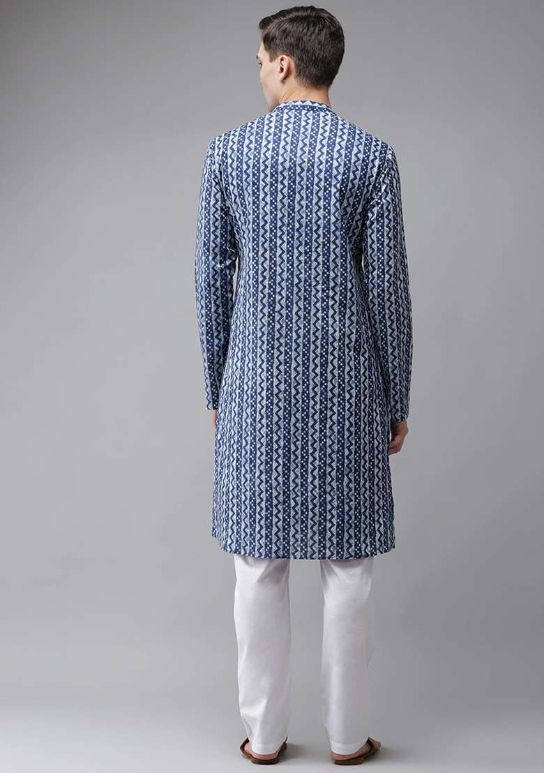 Ice Blue Printed Pure Cotton Kurta Set For Men - Indya