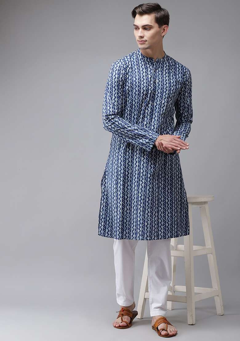 Ice Blue Printed Pure Cotton Kurta Set For Men - Indya