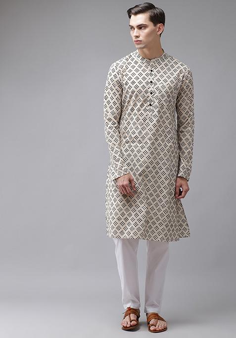 Beige Hand Block Print Kurta Set For Men