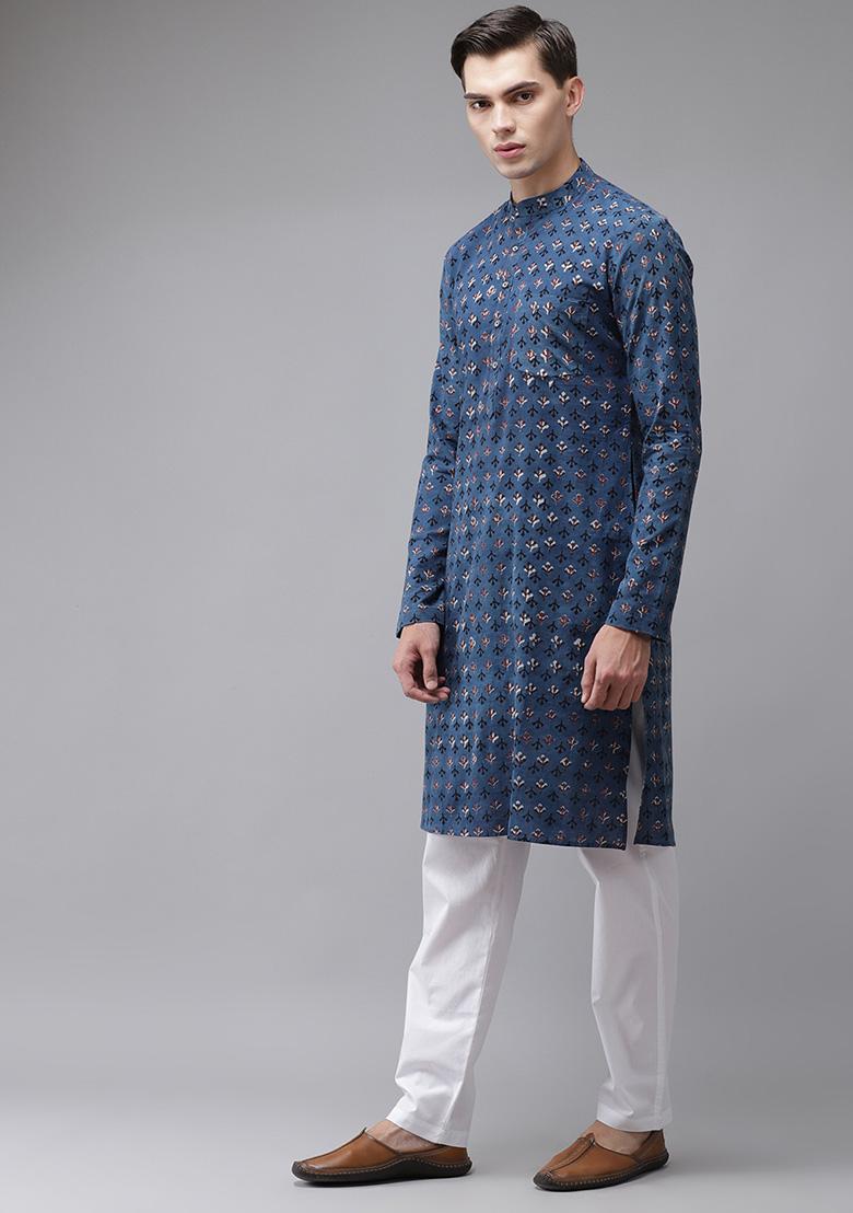 Blue And Maroon Hand Block Print Cotton Kurta Set For Men - Indya