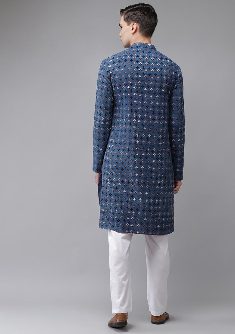 Blue And Maroon Hand Block Print Cotton Kurta Set For Men