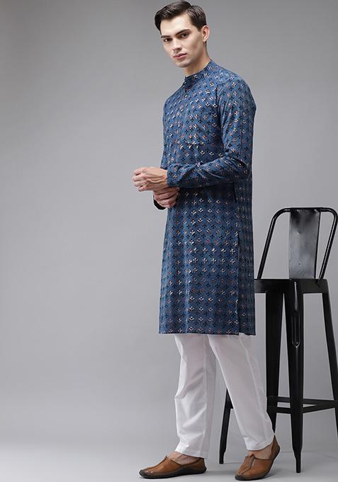 Blue And Maroon Hand Block Print Cotton Kurta Set For Men