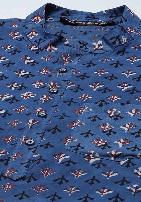 Blue And Maroon Hand Block Print Cotton Kurta Set For Men