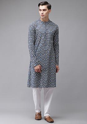 Blue Printed Cotton Kurta Set For Men