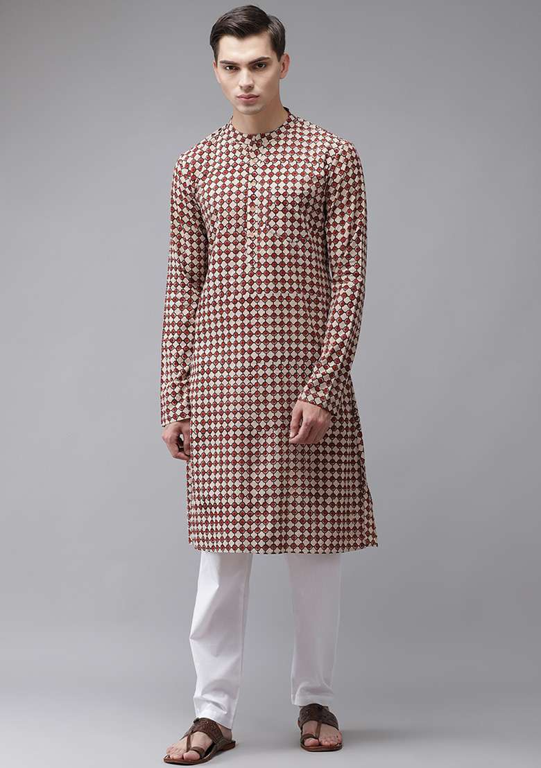 Beige Handcrafted Block Print Kurta Set For Men - Indya