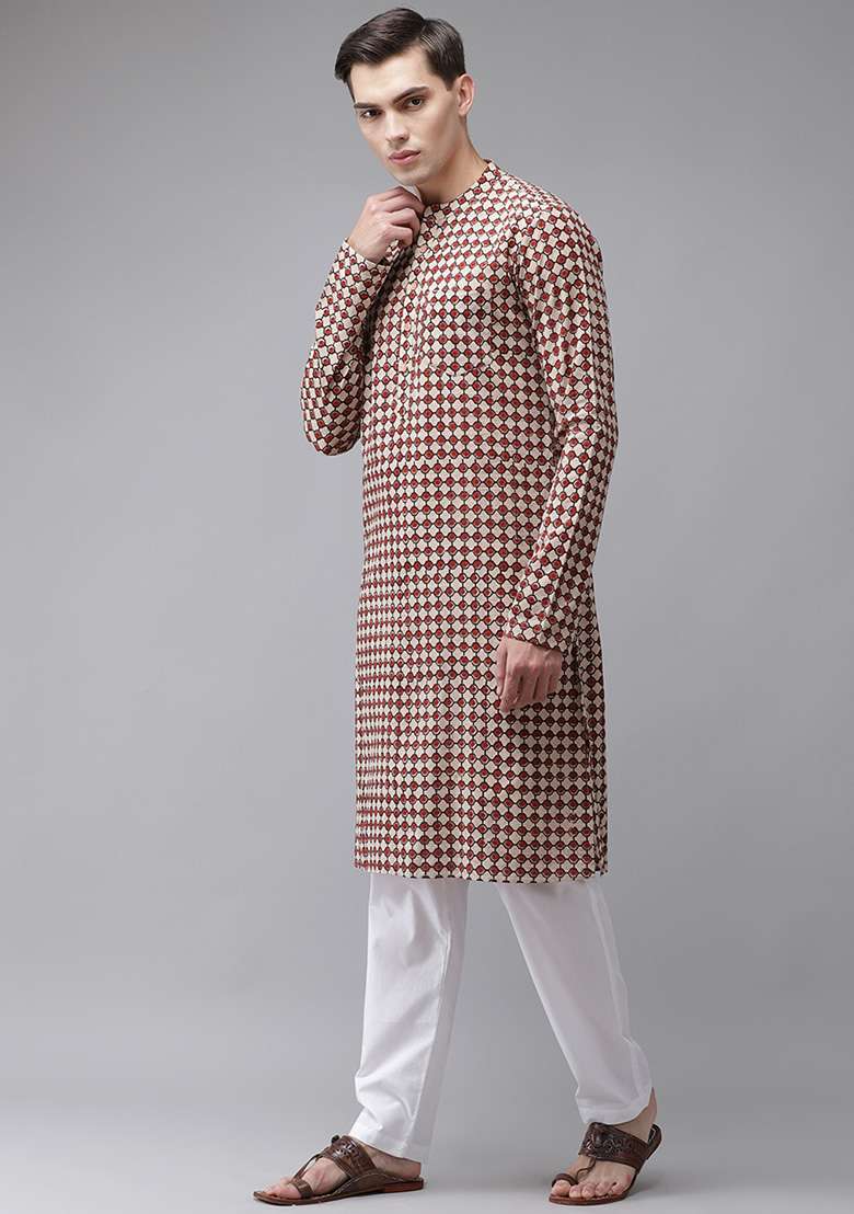 Beige Handcrafted Block Print Kurta Set For Men - Indya