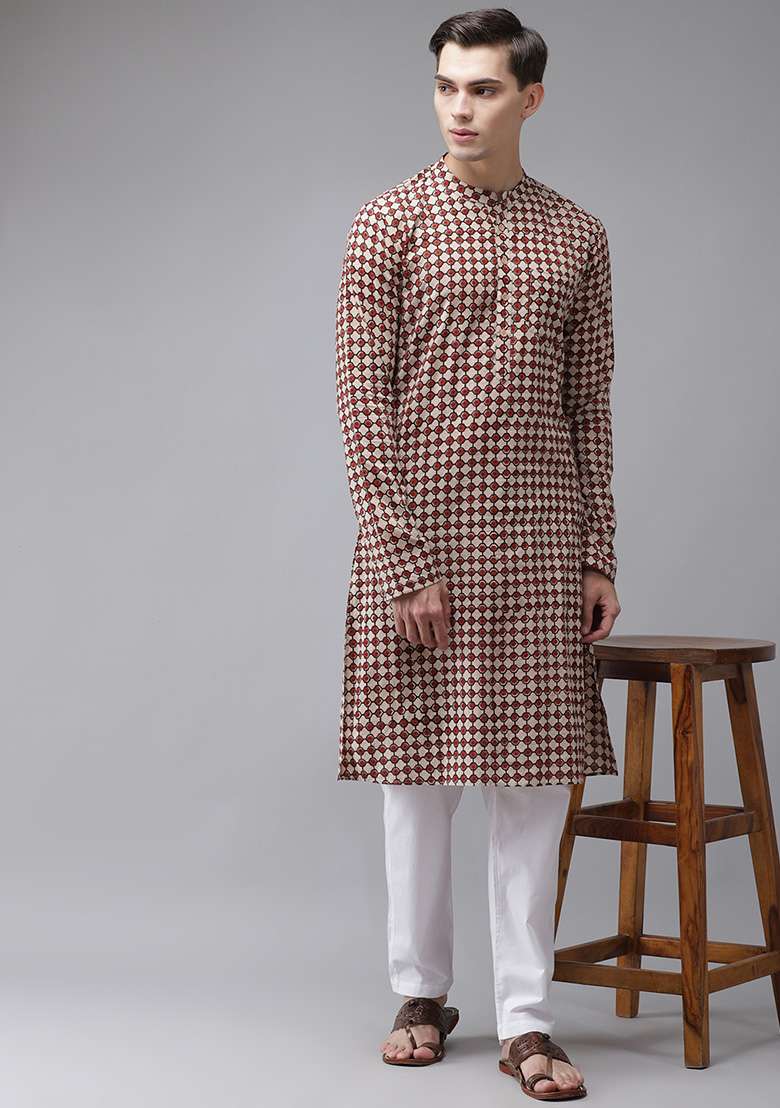 Beige Handcrafted Block Print Kurta Set For Men - Indya