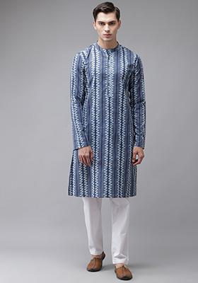 Blue Printed Straight Kurta Set For Men