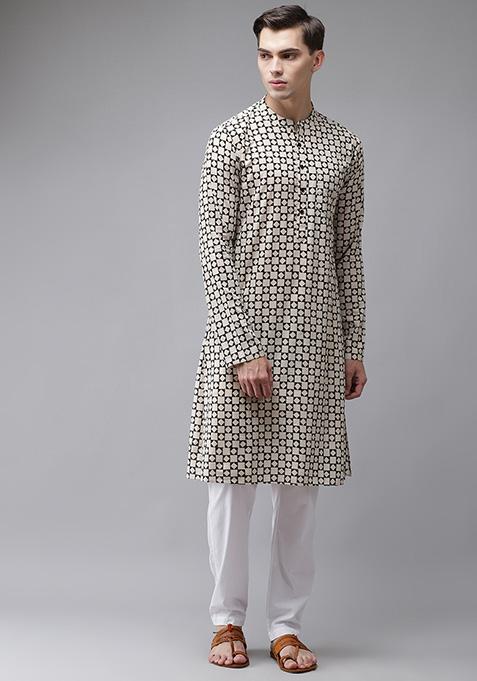 Black And Beige Hand Block Print Cotton Kurta Set For Men