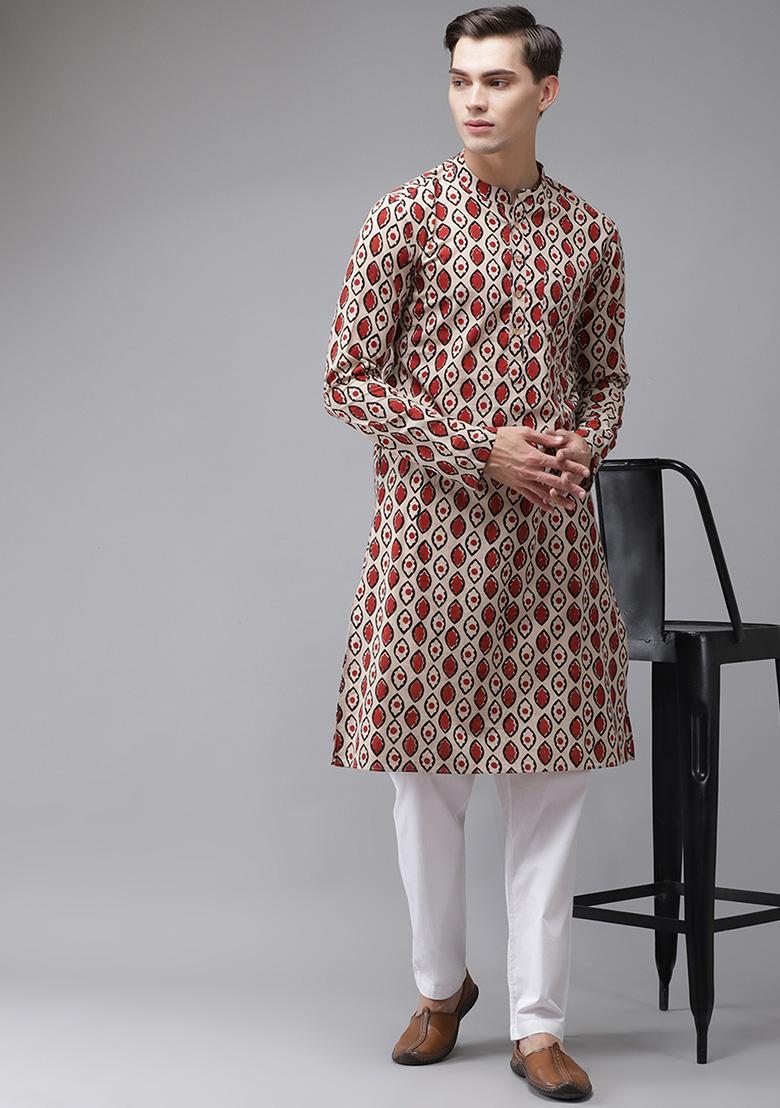 Black And Beige Hand Block Print Kurta Set For Men