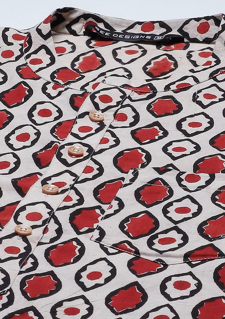 Black And Beige Hand Block Print Kurta Set For Men