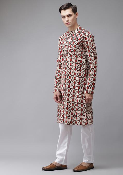 Black And Beige Hand Block Print Kurta Set For Men