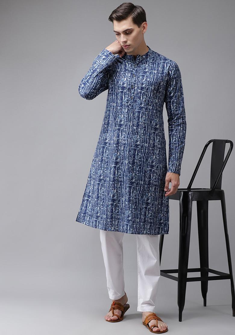 Blue Pure Cotton Kurta Set For Men