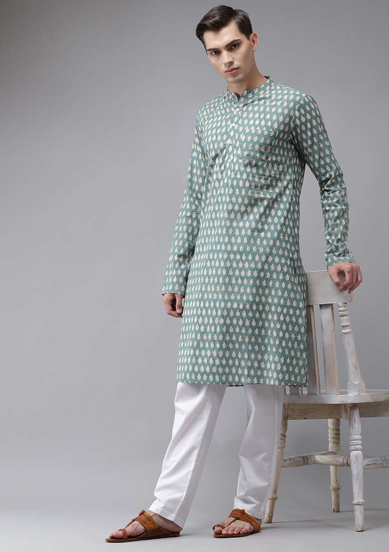Green And Beige Hand Block Print Cotton Kurta Set For Men - Indya