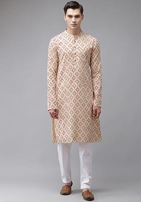 Maroon And Beige Hand Block Print Cotton Kurta Set For Men