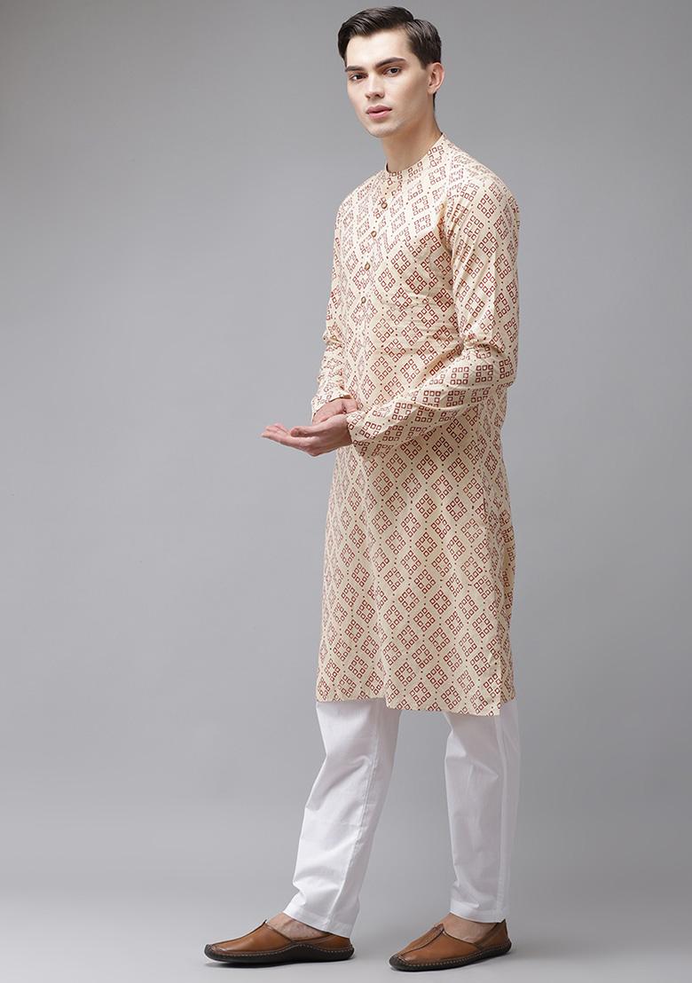 Maroon And Beige Hand Block Print Cotton Kurta Set For Men
