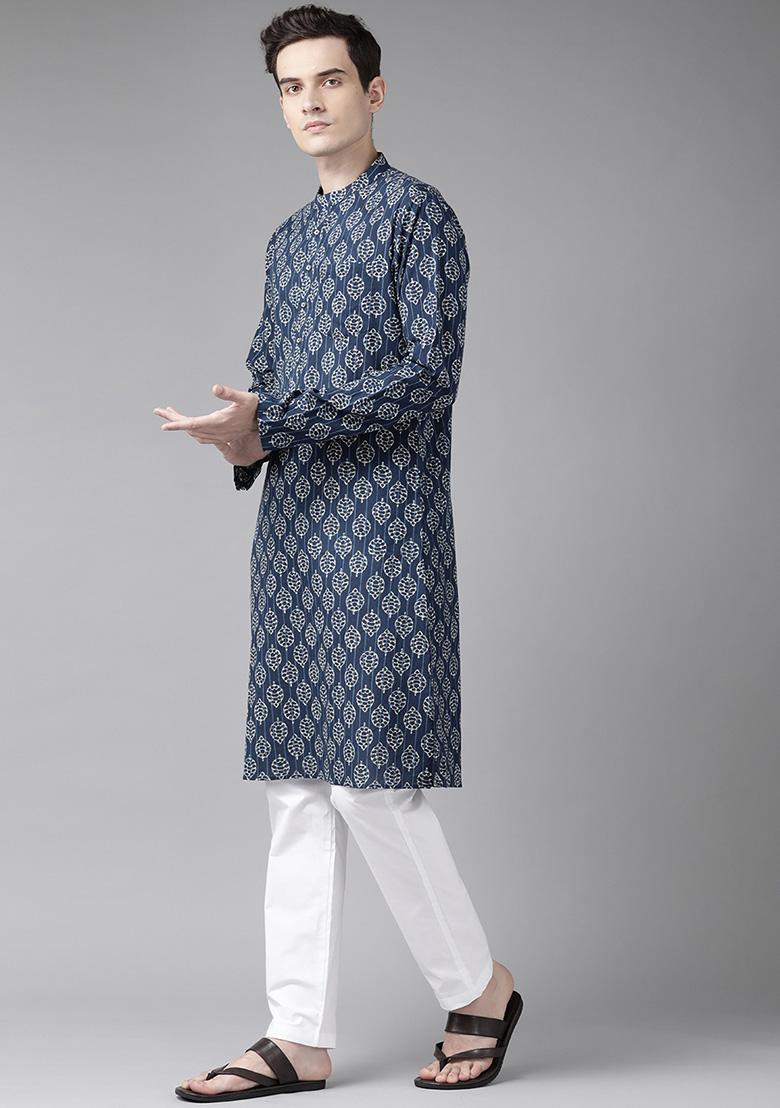 Blue And Beige Printed Kurta For Men