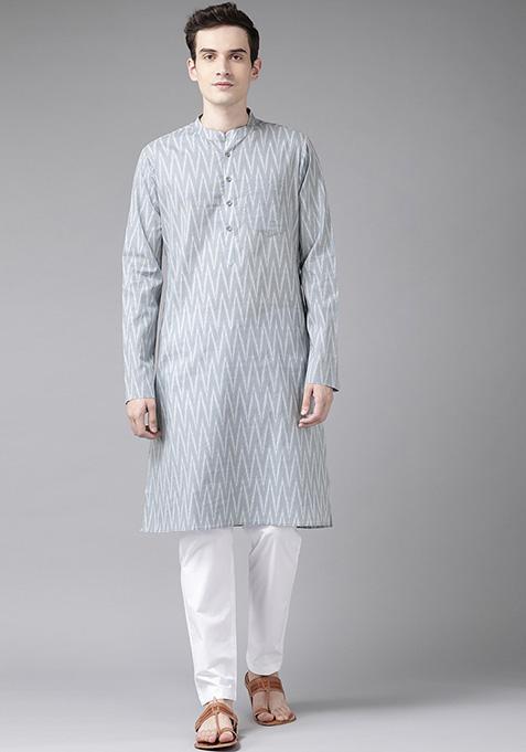 Grey Printed Kurta For Men