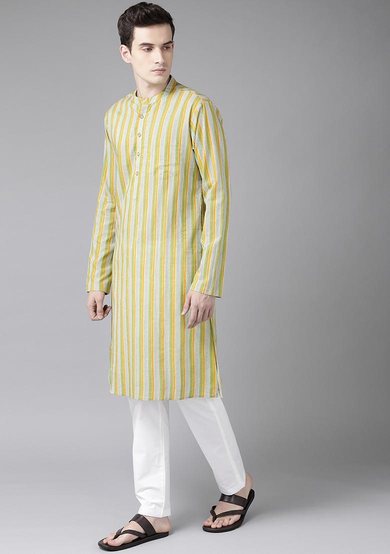 Yellow And White Printed Kurta For Men