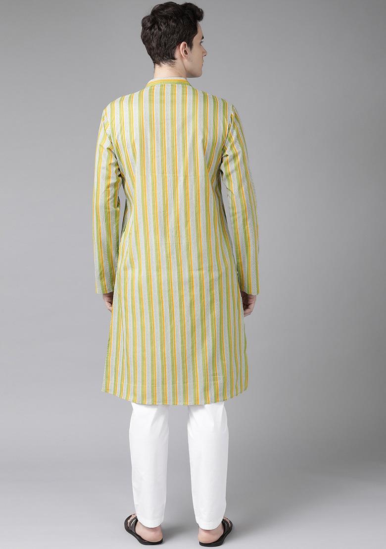 Yellow And White Printed Kurta For Men