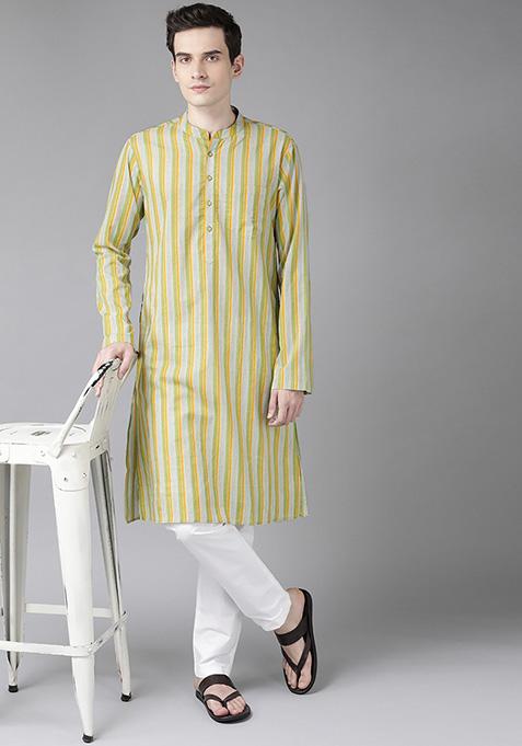 Yellow And White Printed Kurta For Men