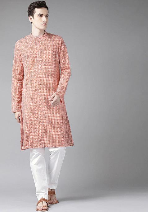 Peach And White Printed Straight Kurta For Men