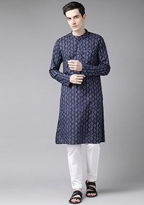 Blue And White Printed Kurta For Men