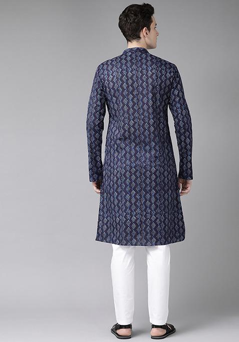Blue And White Printed Kurta For Men