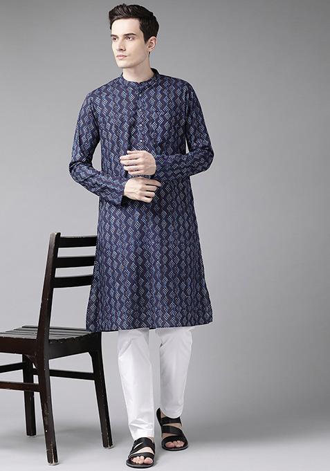 Blue And White Printed Kurta For Men
