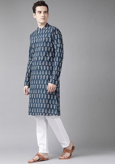 Blue And Beige Printed Cotton Kurta For Men