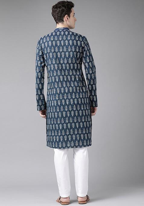 Blue And Beige Printed Cotton Kurta For Men