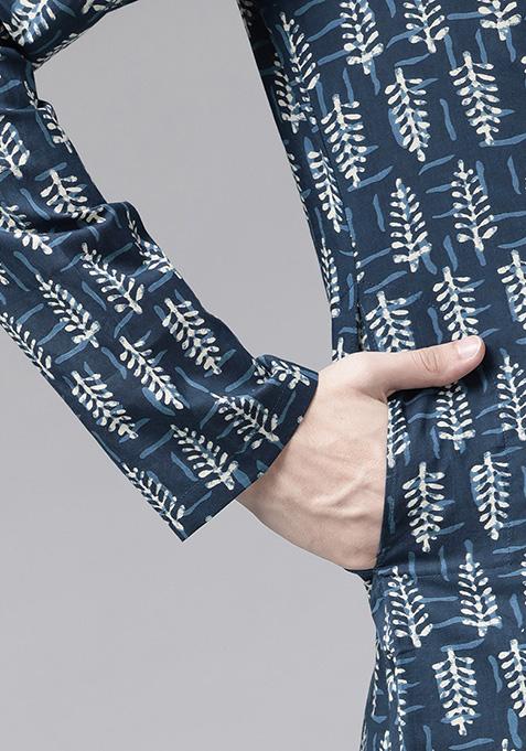 Blue And Beige Printed Cotton Kurta For Men