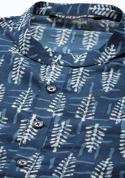 Blue And Beige Printed Cotton Kurta For Men