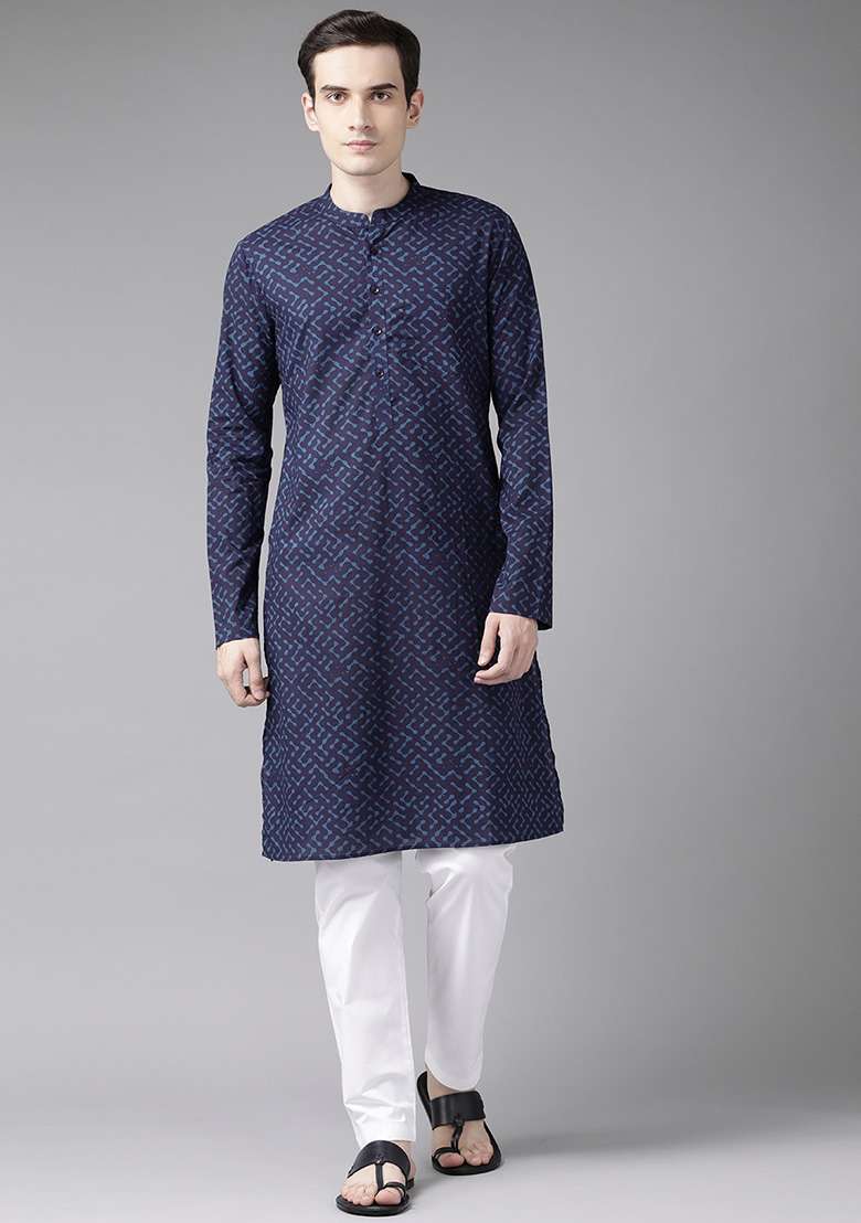 Blue Printed Cotton Staright Kurta For Men - Indya