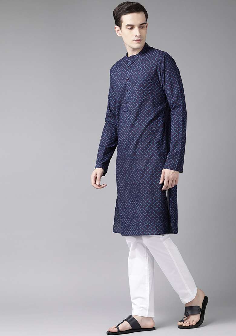 Blue Printed Cotton Staright Kurta For Men - Indya