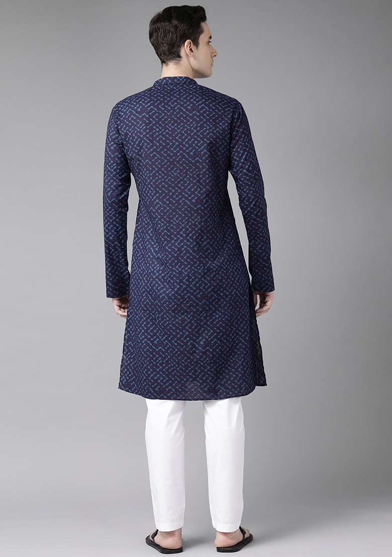Blue Printed Cotton Staright Kurta For Men - Indya