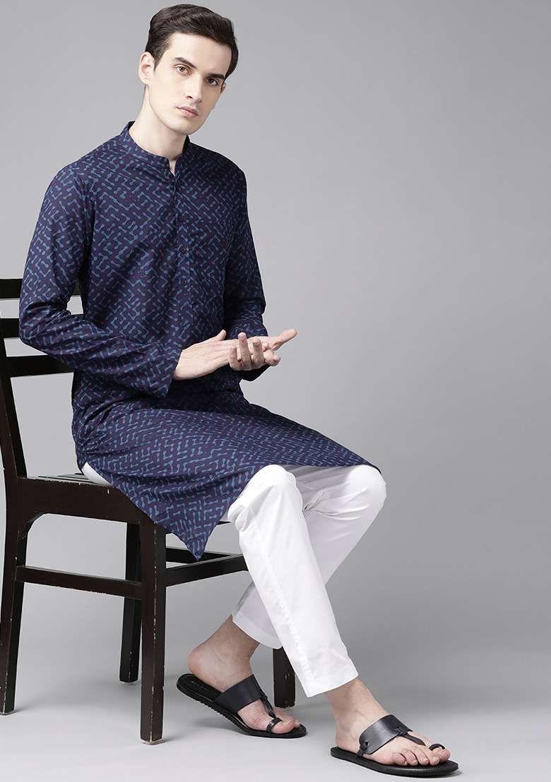 Blue Printed Cotton Staright Kurta For Men - Indya
